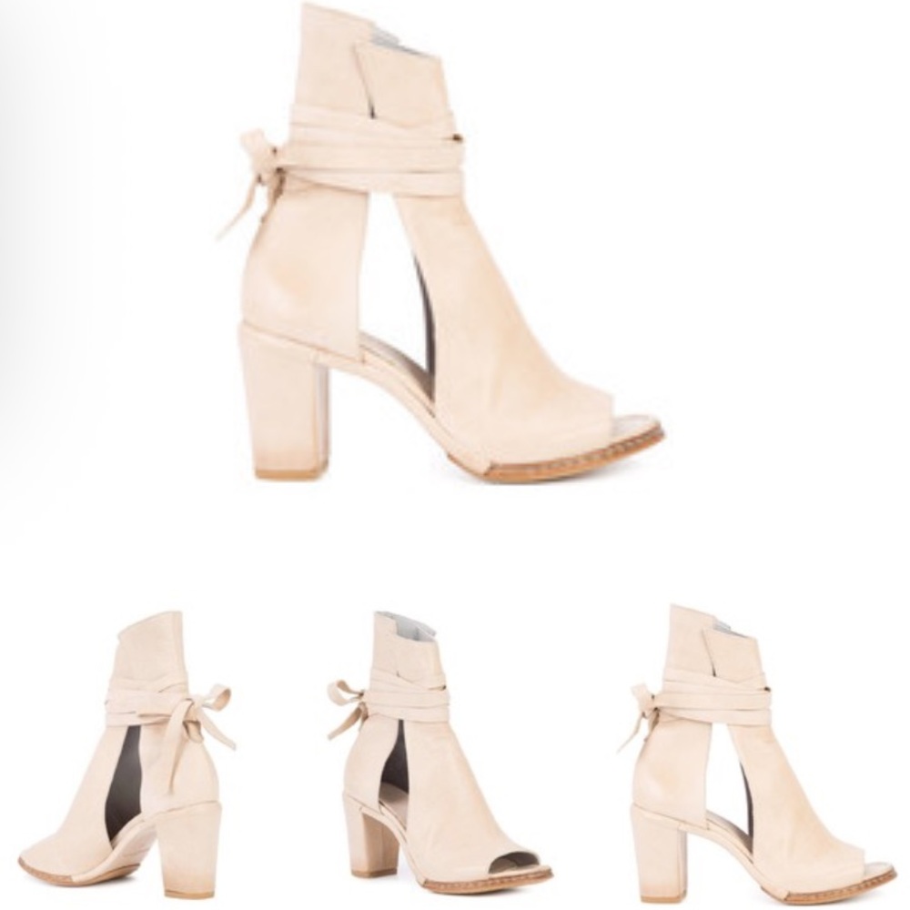 Measponte Ivory Leather Chunky Heel Strappy LaceUp Closure Booties